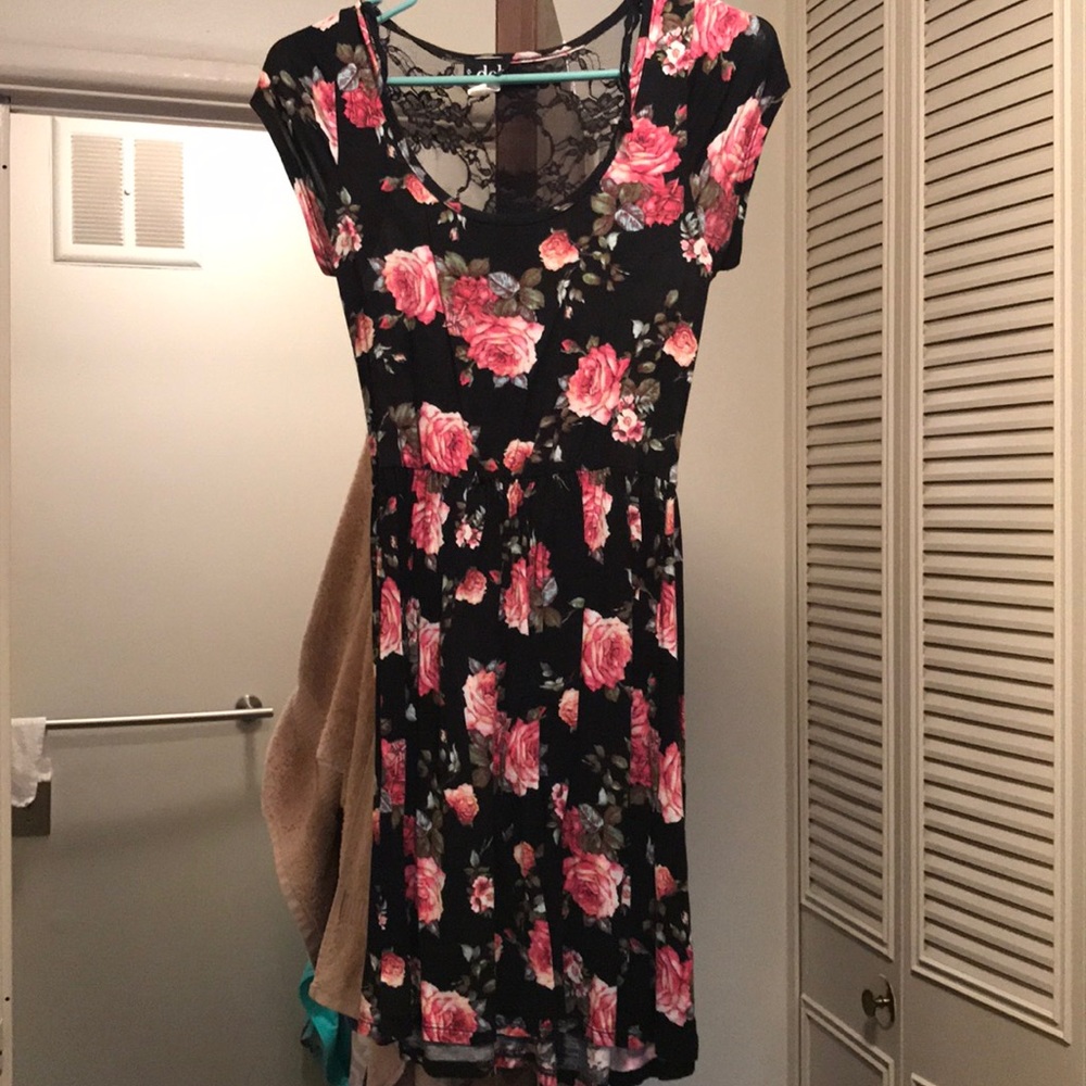 Black Deb brand dress with pink roses
